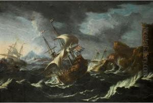 A Stormy Seascape With Shipping Off A Rocky Coast by Matthieu Van Plattenberg