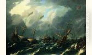 Marine De Tempete Avec Trois Vaisseaux
