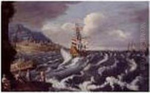 A Ship Tossed In A Heavy Sea Off A Rocky Coast With A Walled City by Matthieu Van Plattenberg