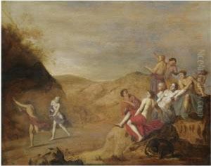 A Mythological Scene With A
Nymph Pursuing A Young Man And Other Figures Resting In The Foreground
With A Dog by Cornelis Van Poelenburch