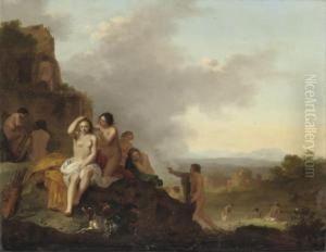 Nymphs Resting And Bathing In An Italianate Landscape by Cornelis Van Poelenburch