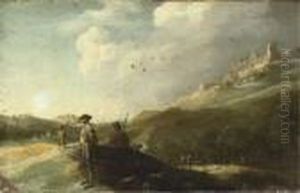An Italianate Landscape With Figures Resting Beside A Road, A Monastry On A Hill Beyond