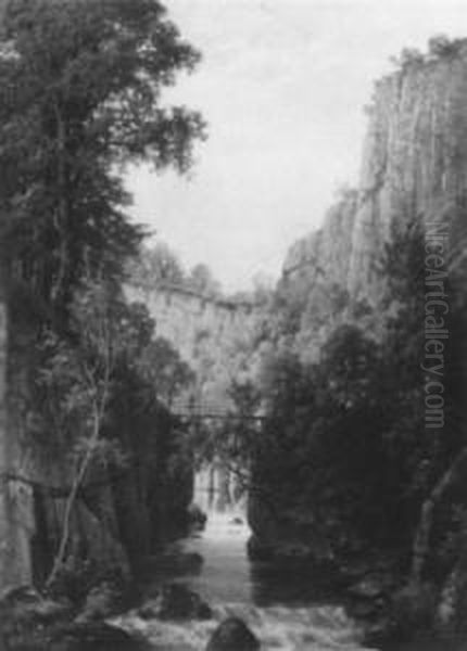 Mittelgebirgslandschaft Mit Zwei Personen Auf Einer Brucke - view 1