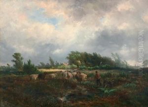 Schaapsherder In Landschap Met Dreigendewolkenlucht Schaapsherder In Landschap Met Dreigendewolkenlucht