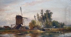 Windmill In A River Landscape by Albert Jurardus van Prooijen