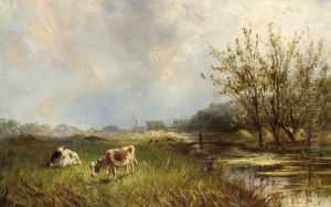 Two Cows In A Field By A Ditch