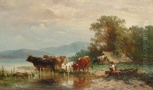 Cattle By The Waterside. by Albert Jurardus van Prooijen