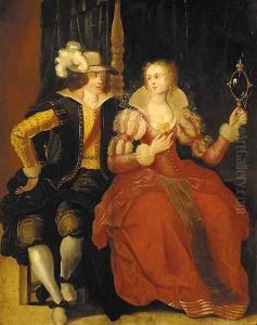 An elegant couple courting in a bedroom by Frans II Francken