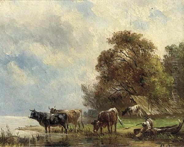 Cattle Watering At A Riverbank, A Drover Looking On - view 1