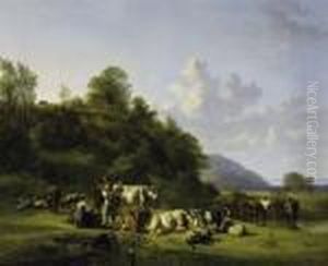 In A Vast Field Valley. Two 
Farmerfolk Milking The Cows. With Monogram Lower Left: J.v.r. Fecit by Jan Van Ravenswaay