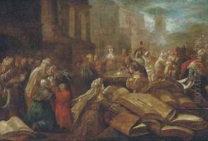 Figures at a temple a ceremony to Minerva by Frans II Francken