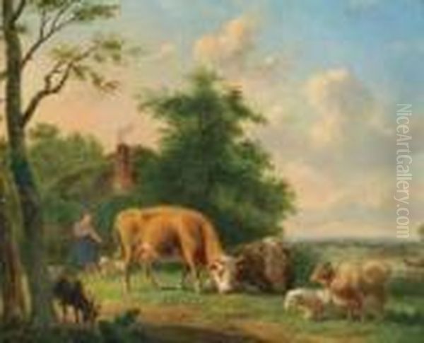 Cattle, Sheep And Goats With Girl In Landscape - view 1