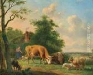 Cattle, Sheep And Goats With Girl In Landscape by Jan Van Ravenswaay