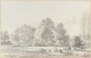 A Wooded Landscape With Cattle And Sheep In A Meadow Near A Farmhouse by Jan Van Ravenswaay