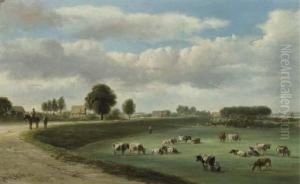 A Panoramic View Of A River Landscape With Cows In The Forelands by Jan Van Ravenswaay