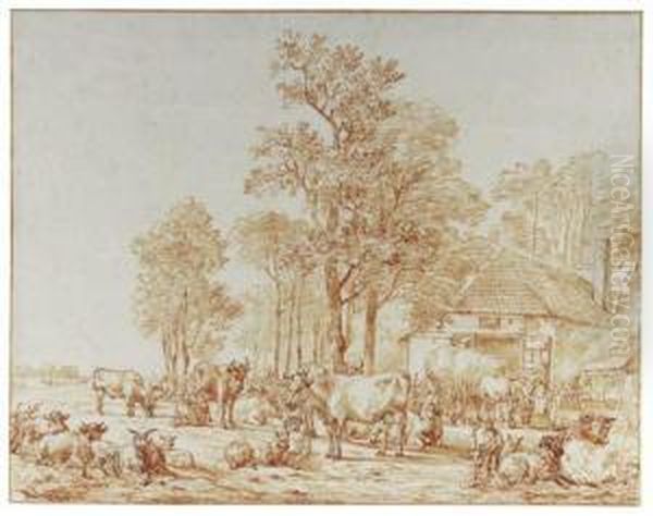 Cattle In A Meadow Near A Farm - view 1