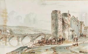 A View In A Town On A River With
 A Horse-drawn Cart Near A Bridge;and Travellers On A Road In A 
Mountainous Landscape by Jan Van Ravenswaay