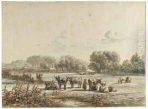 Young Farmers Milking Cows In A Meadow by Jan Van Ravenswaay