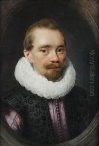 Portrait Of A Gentleman,
Bust-length, In Apurple Coat, A Black Brocade Waistcoat And A White
Ruff, Within Apainted Stone Oval by Jan Anthonisz Van Ravesteyn