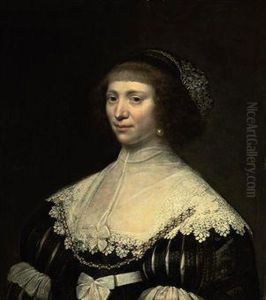 Portrait Of A Lady, Half-length, In A Black Dress With Lace Trimand Pearl Ornaments