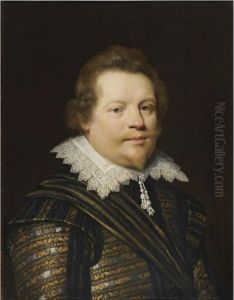 Portrait Of A Gentleman Wearing A Black And Gold Embroidereddoublet And A White Ruff Portrait Of A Gentleman Wearing A Black And Gold Embroidereddoublet And A White Ruff