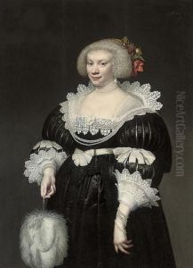 Portrait Of A Lady, 
Three-quarter Length, In A Black Slashed Silkdress With Lace Collar And 
Cuffs, A Fan In Her Right Hand