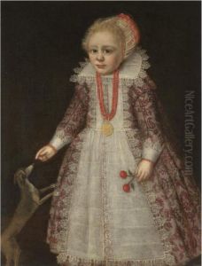 Portrait Of A Young Child, Full 
Length, Wearing A Pink Embroidered Dress, A Coral Necklace And Holding 
Two Cherries While Pointing To A Dog
