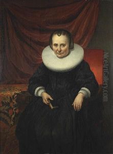 A Portrait Of A Lady, Seated, In A Black Dress And A White Lace Collar Holding A Book by Jan Anthonisz Van Ravesteyn