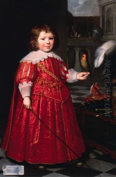 Portrait Of Joannes Ruyter, Aged
Five, Full-length, In A Redcostume, Holding A Red-cheeked Parrot, With A
Hobby Horse And Drumand Chair, A Garden Beyond - view 1