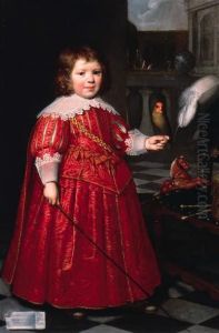Portrait Of Joannes Ruyter, Aged
 Five, Full-length, In A Redcostume, Holding A Red-cheeked Parrot, With A
 Hobby Horse And Drumand Chair, A Garden Beyond