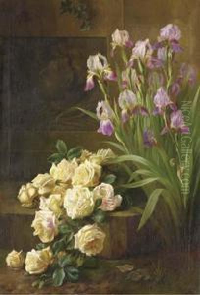 Pink Roses And Irises On A Stone Ledge - view 1