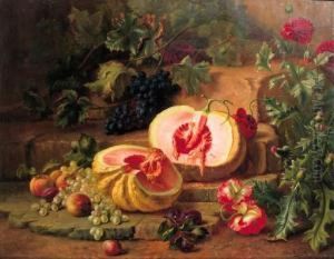 A Still Life With Peaches, Melons And Grapes by Edward Van Rijswijck