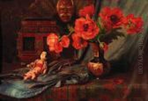 Still Life With Poppies In A Vase And A Japanese Doll - view 1