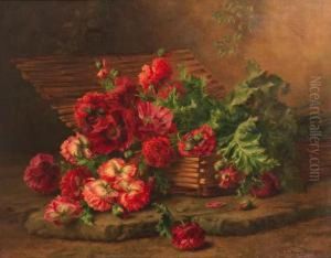 Still Life With Poppies And Peonies In A Wicker Basket by Edward Van Rijswijck