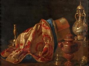 A Still Life Of A 
Gilt-metal-mounted Agate Vase And Cover, A Marmorosso Antiquo Urn, A 
Velvet Damask, A Casket And A Heemskirk Brasscandlesticks On A Ledge