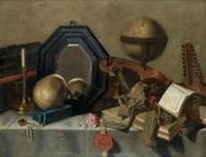 Still Life Of A Skull, A
Mirror, A Globe, Books, Musical Instruments And Other Objects On A
Draped Table Top by Pieter Gerritsz. van Roestraten