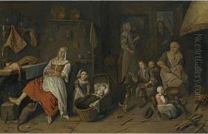 A Kitchen Interior With A Woman Cooking At The Hearth