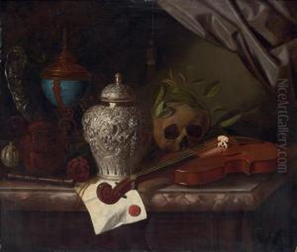 Violin, A Skull Draped With
Laurel Branches, A Silver Ginger Jar, A Recorder, A Letter With A Red
Seal, A Silver Gilt Hardstone Cup And A Silver Dish On A Marble Ledge - view 1