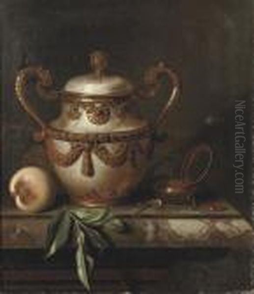 An Eleborately Decorated Vase, A Pocket Watch And A Peach On A Marble Ledge - view 1
