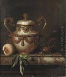 An Eleborately Decorated Vase, A Pocket Watch And A Peach On A Marble Ledge