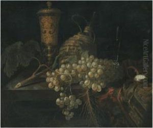A Still Life With A Golden 
Goblet, A Flagon Of Wine, A Pocketwatch, A Bunch Of Grapes And Other 
Objects All Laid Out On A Stoneledge Partly Draped With A Carpet