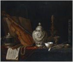 A Still Life With A Silver
Ginger Jar, A Violin, A Pearl Necklace, A Recorder, Music Sheets, A
Silver Porringer, A Book, A Globe, A Gilt Candlestick, A Glass, A
Porcelain Bowl, A Pipe, A Silver Box And Almonds, All On A Wooden Table,
Draped With A by Pieter Gerritsz. van Roestraten