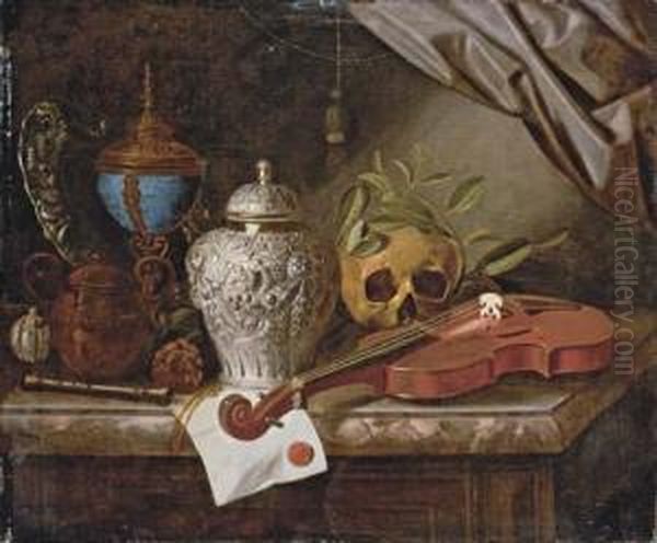 A Vanitas Still-life With A
Violin, A Silver Ginger Jar, A Recorder, A Letter With A Red Seal, A
Silver-gilt Hardstone Cup And Cover, A Duth Embossed Silver Dish And A
Skull Wreathed With Laurel On A Marble Ledge - view 1