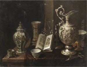 A Still Life With A Silver Ewer,
 A Candle Snuffer, Various Glasses And Porcelain Vases Together On A 
Marble Tabletop Draped With A Cloth