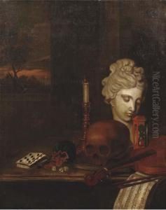 A 'vanitas' With An Evening Landscape In The Background