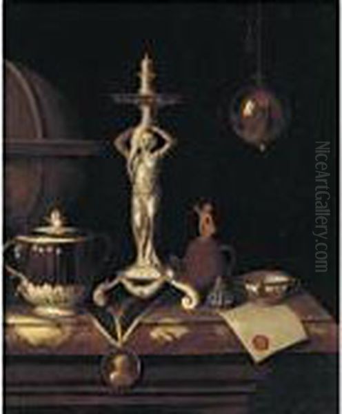 Still Life With A Candlestick, A
Charles Ii Caudle Cup And Cover, A Two Handled Spout Cup, A Globe And A
Document With A Wax Seal All Resting On A Table - view 1