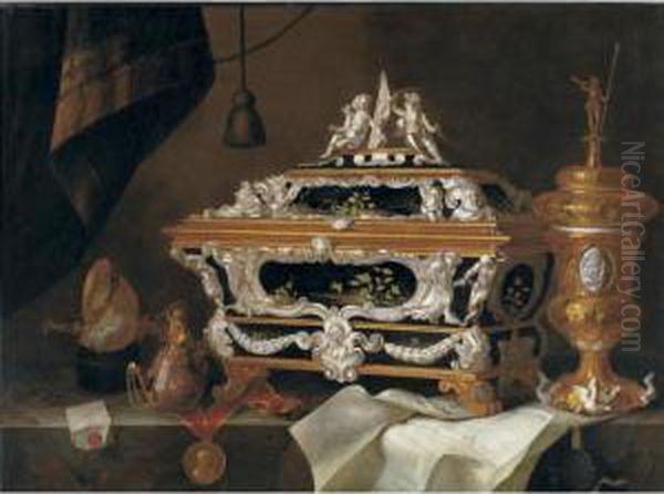 Still Life With An Elaborate
Silver And Black Lacquer Casket, A Gilt Cup And Cover, A Teapot, A
Letter, A Medallion, Nautilus Cup And A Watch All On A Ledge - view 1