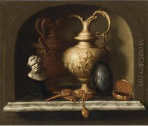 A Still Life With Two Sculpted 
Jugs With A Scene With Neptune, An Intaglio Medallion, A Golden 
Snuff-box, A Golden Chatelaine And A Small Bust Of A Satyr, All In A 
Stone Niche - view 1