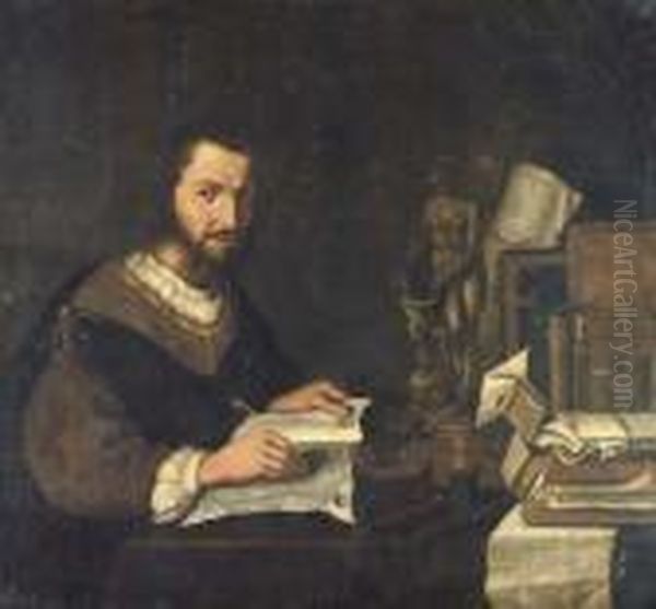Portrait Of A Connoisseur, 
Seated At A Desk, With Manuscripts, Astatuette Of Venus And Cupid, And 
Scientific Instruments - view 1