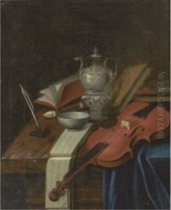 A Violin, A Recorder, A Music 
Score, A Quill And Ink, A Silverteapot And Books On A Partially Draped 
Table
